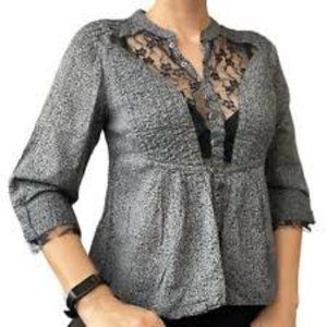 Free People Cropped Gray & Black Flocked Top with Lace Insets 3/4 Sleeves size 0